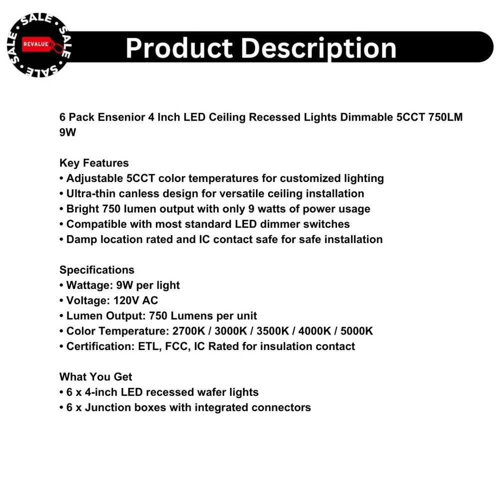 6 Pack Ensenior 4 Inch LED Ceiling Recessed Lights Dimmable‎ 5CCT 750LM 9W